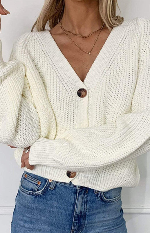 Solid V-Neck Lantern Sleeve Button Knit Cardigan - THE QUEEN RUNWAY