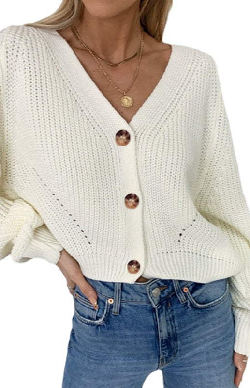 Solid V-Neck Lantern Sleeve Button Knit Cardigan - THE QUEEN RUNWAY