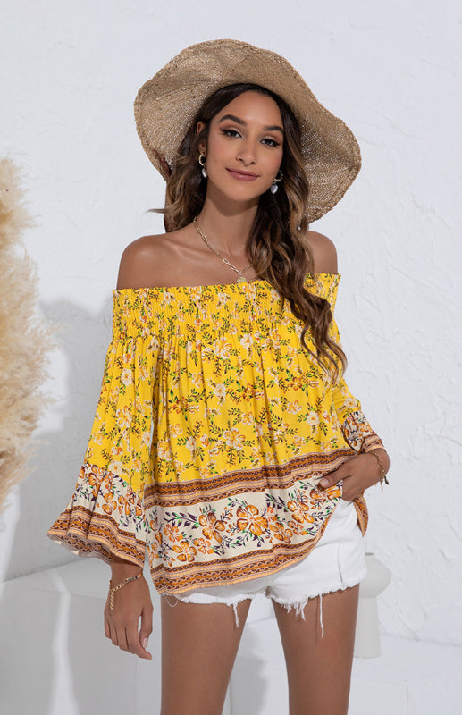 Women's One Shoulder  Floral Flared Sleeve TopTHE QUEEN RUNWAY