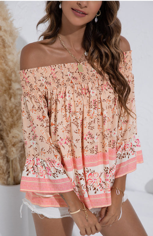 Women's One Shoulder  Floral Flared Sleeve TopTHE QUEEN RUNWAY