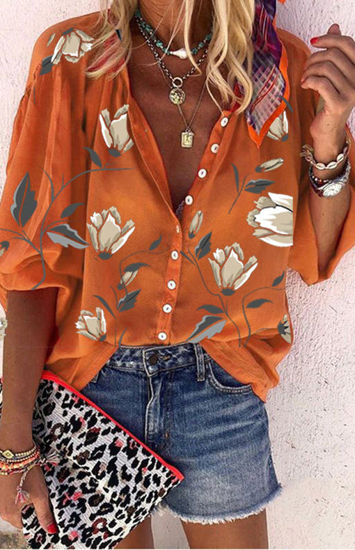 Floral Printed Stand Collar Loose Casual ShirtTHE QUEEN RUNWAY