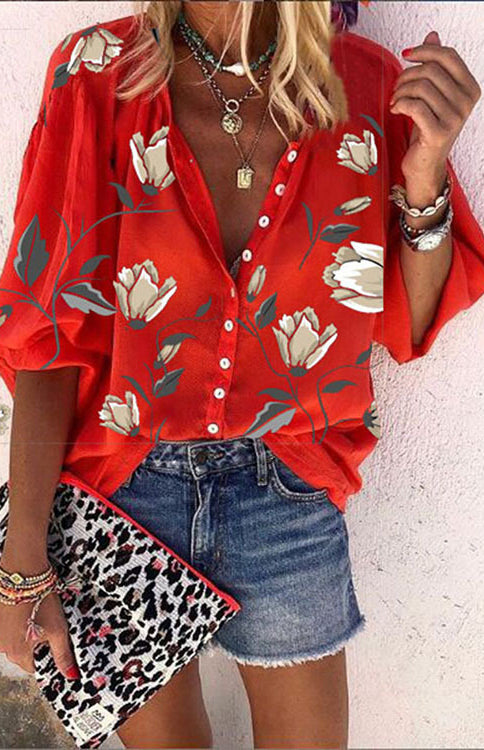 Floral Printed Stand Collar Loose Casual ShirtTHE QUEEN RUNWAY