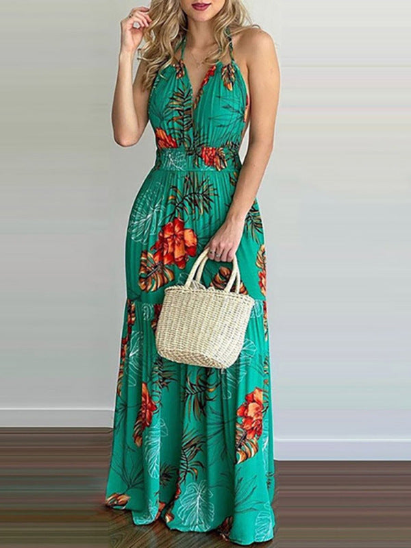 Halterneck Tie V-neck Floral Print Open-back Maxi DressTHE QUEEN RUNWAY