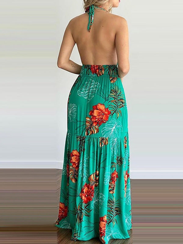 Halterneck Tie V-neck Floral Print Open-back Maxi DressTHE QUEEN RUNWAY