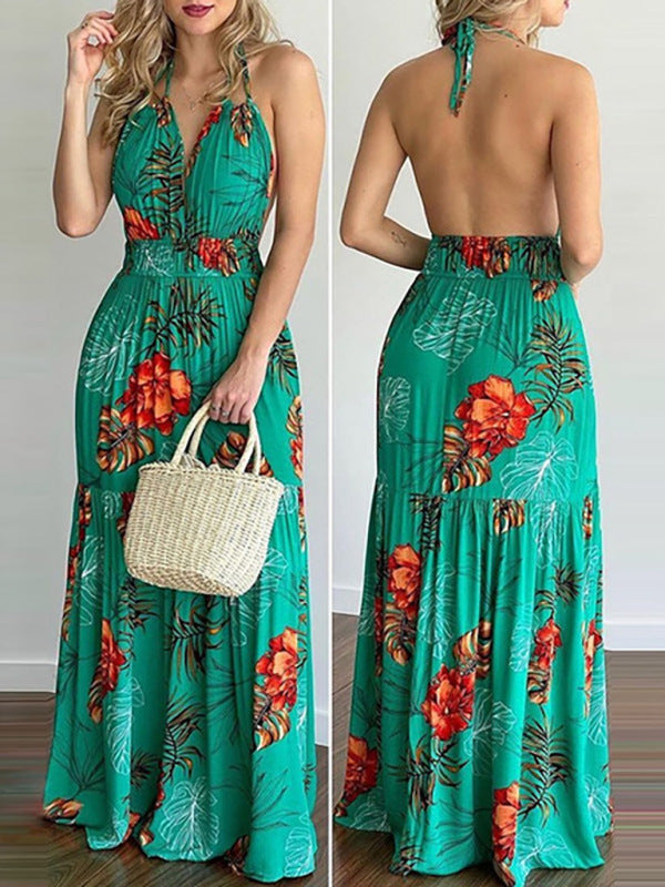 Halterneck Tie V-neck Floral Print Open-back Maxi DressTHE QUEEN RUNWAY