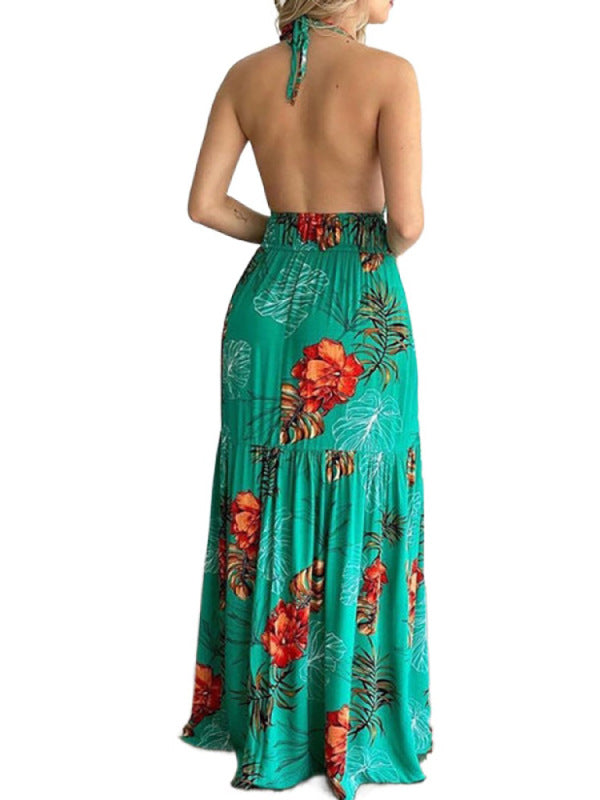 Halterneck Tie V-neck Floral Print Open-back Maxi DressTHE QUEEN RUNWAY