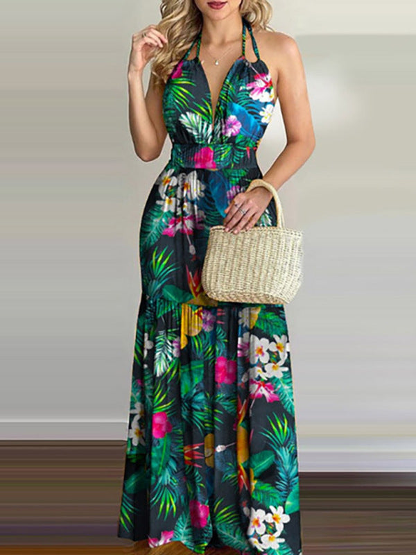 Halterneck Tie V-neck Floral Print Open-back Maxi DressTHE QUEEN RUNWAY