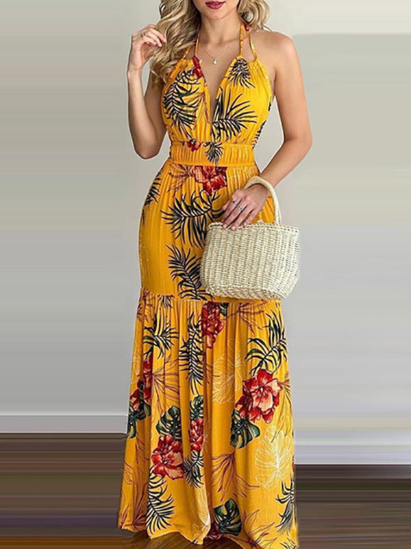 Halterneck Tie V-neck Floral Print Open-back Maxi DressTHE QUEEN RUNWAY