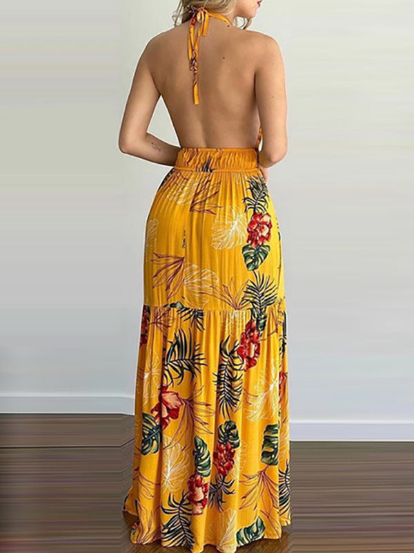 Halterneck Tie V-neck Floral Print Open-back Maxi DressTHE QUEEN RUNWAY