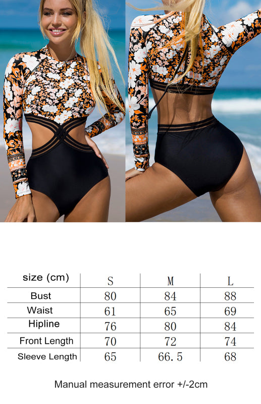 Women's Long Sleeve Printed Cutout One Piece SwimsuitTHE QUEEN RUNWAY