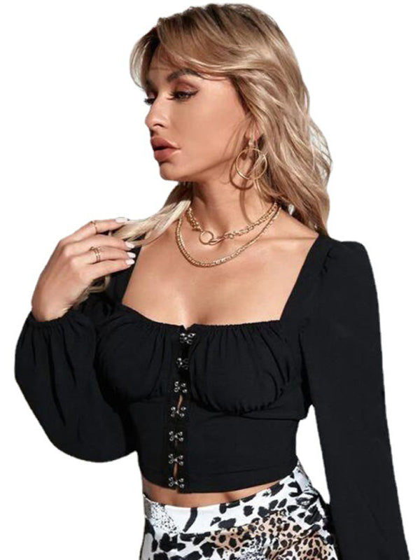 Women's bubble sleeve collar buckle long sleeve top - THE QUEEN RUNWAY