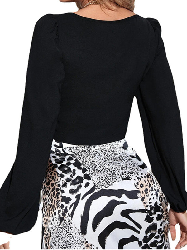 Women's bubble sleeve collar buckle long sleeve top - THE QUEEN RUNWAY