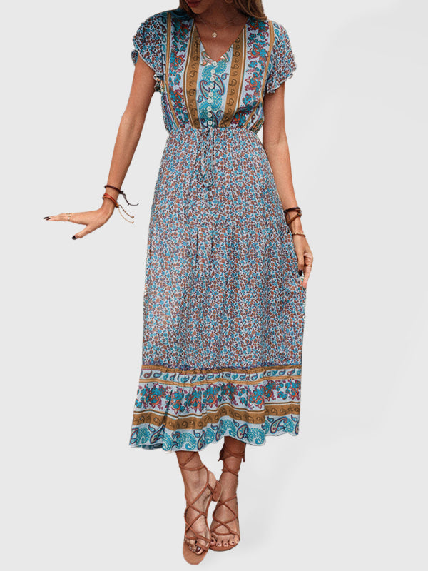 women's summer retro print green slimming dress - THE QUEEN RUNWAY