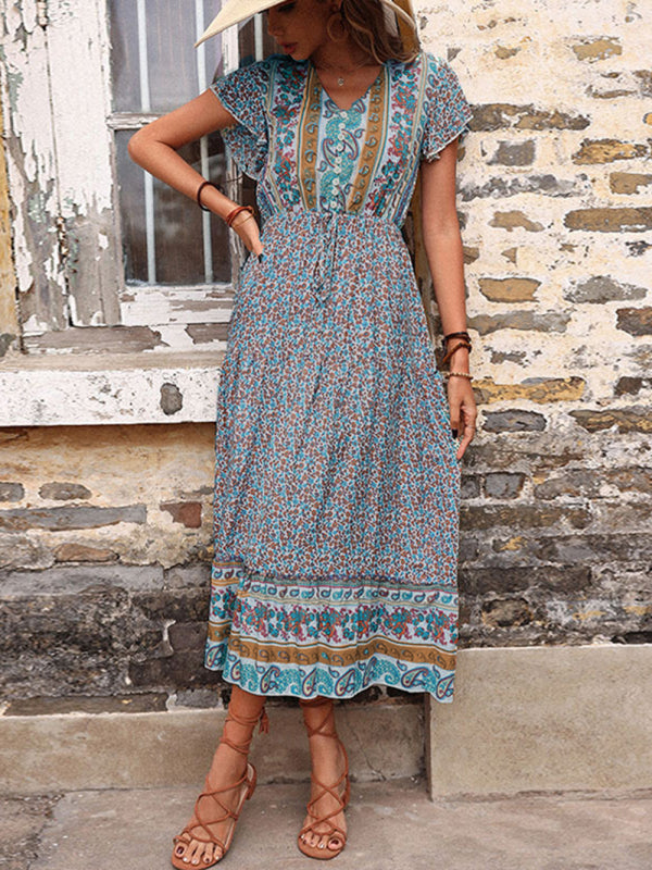 women's summer retro print green slimming dress - THE QUEEN RUNWAY