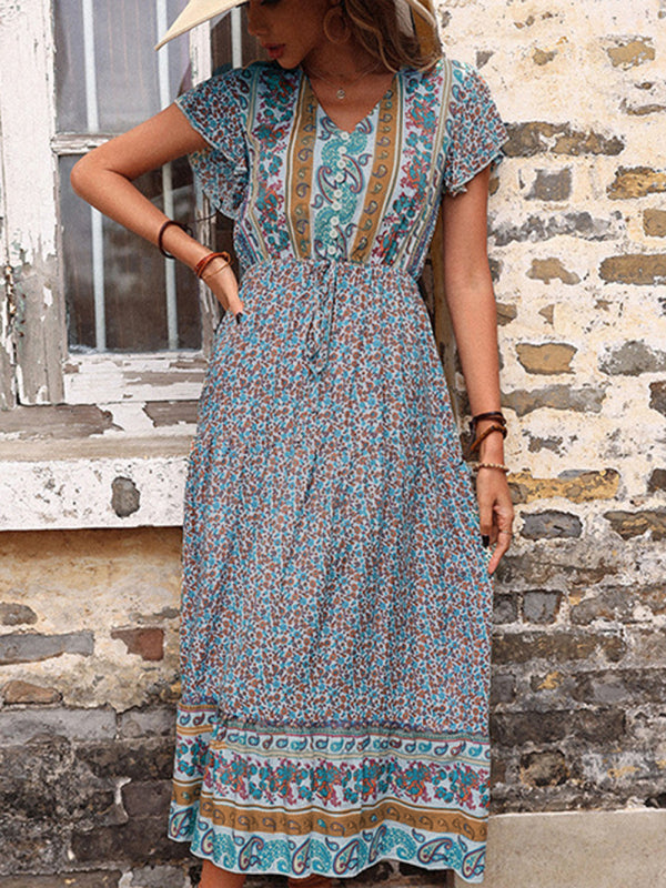 women's summer retro print green slimming dress - THE QUEEN RUNWAY