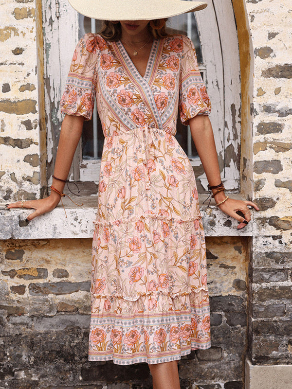 Vintage Women's Pink Fungus Print V-Neck Midi DressTHE QUEEN RUNWAY