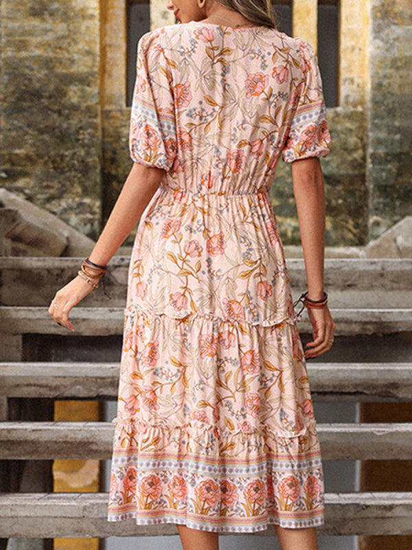 Vintage Women's Pink Fungus Print V-Neck Midi DressTHE QUEEN RUNWAY