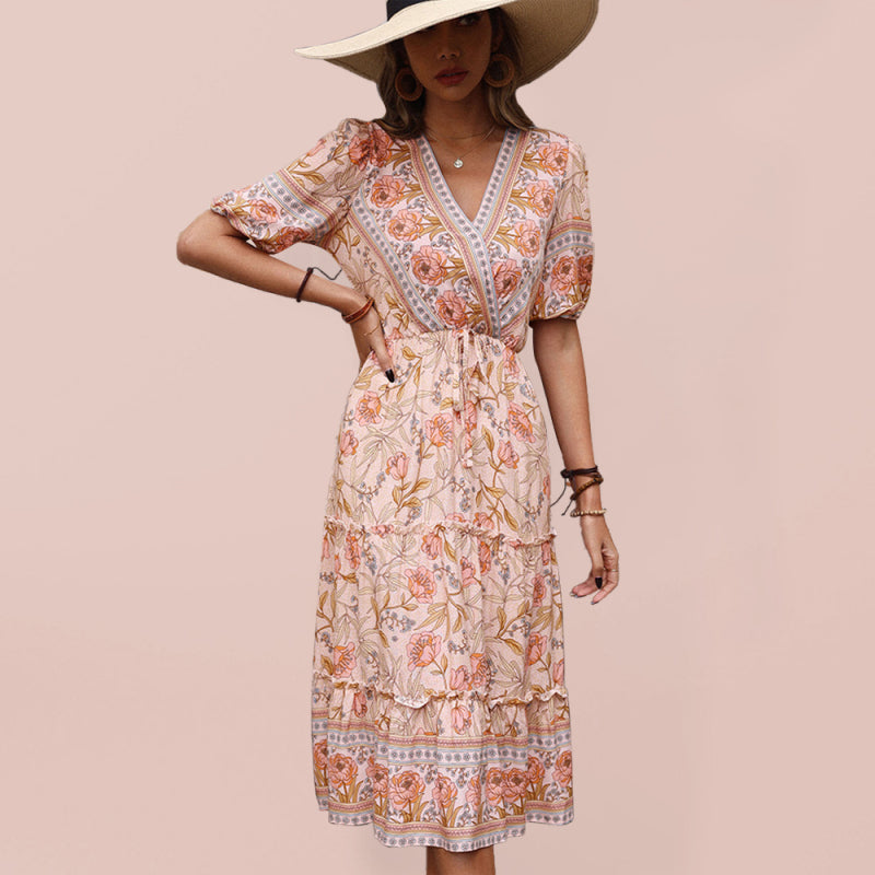 Vintage Women's Pink Fungus Print V-Neck Midi DressTHE QUEEN RUNWAY