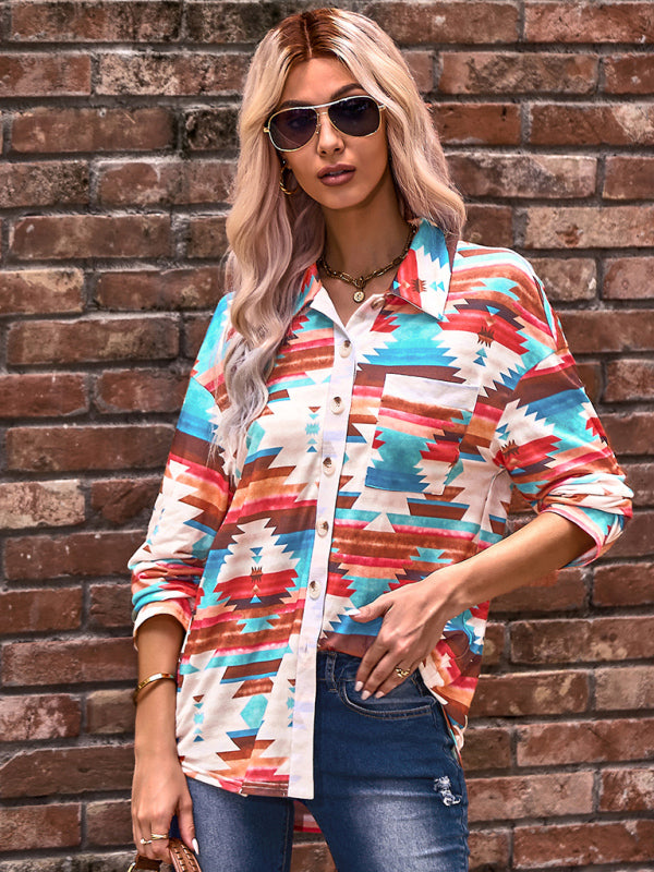 Women's fashion casual printed knitted shirt top - THE QUEEN RUNWAY