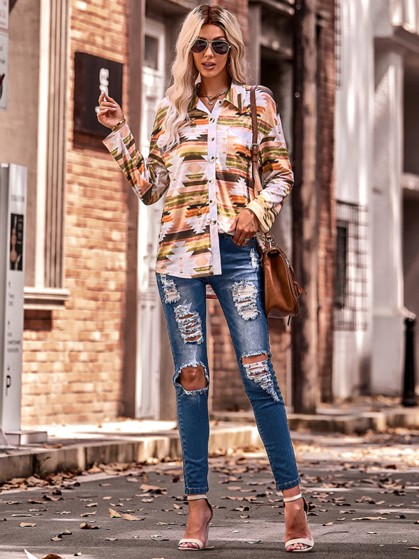 Women's fashion casual printed knitted shirt top - THE QUEEN RUNWAY