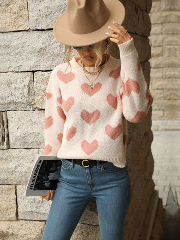 Knit Casual Heart Long Sleeve Pink Sweater - THE QUEEN RUNWAY
