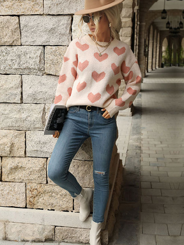 Knit Casual Heart Long Sleeve Pink Sweater - THE QUEEN RUNWAY