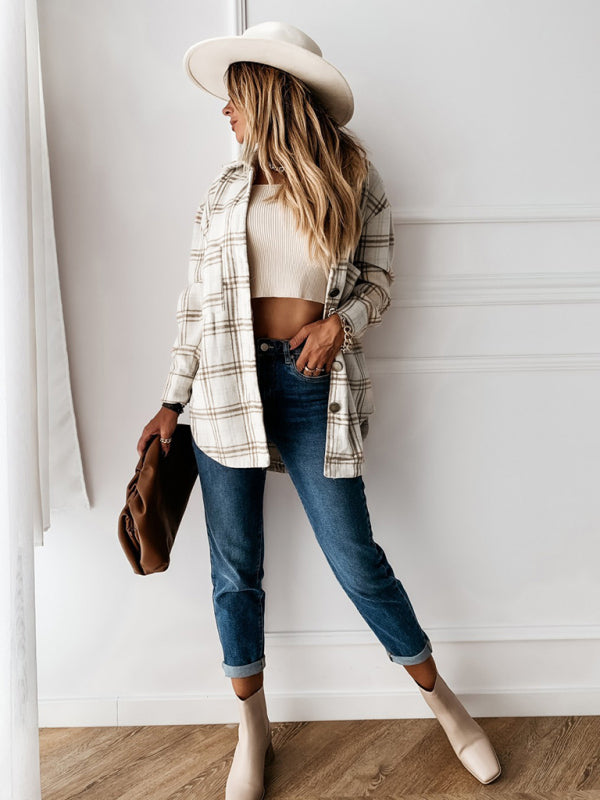 Women's Plaid Casual Brushed Wool Cardigan Jacket - THE QUEEN RUNWAY