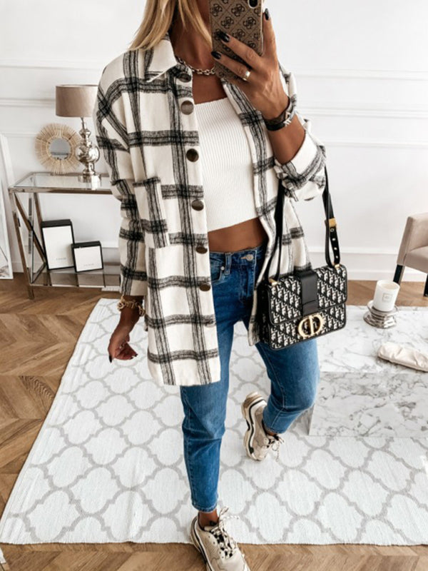 Women's Plaid Casual Brushed Wool Cardigan Jacket - THE QUEEN RUNWAY