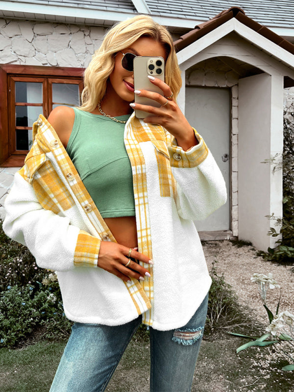 Women's Plaid Panel Fleece Long Sleeve Jacket - THE QUEEN RUNWAY