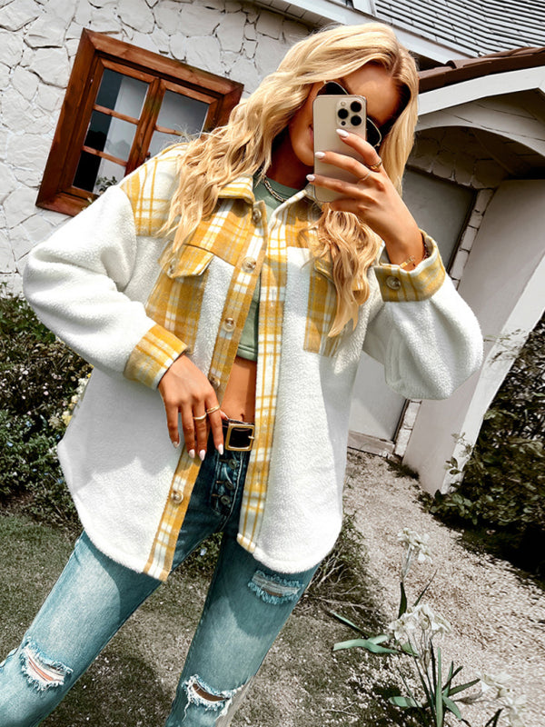 Women's Plaid Panel Fleece Long Sleeve Jacket - THE QUEEN RUNWAY