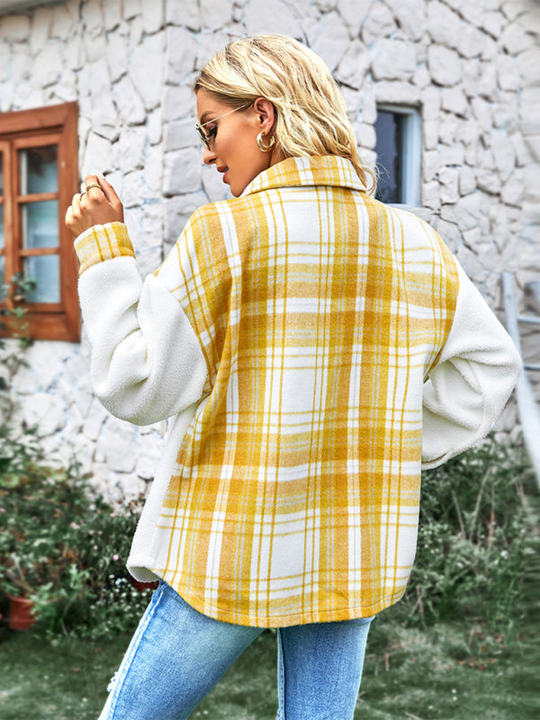 Women's Plaid Panel Fleece Long Sleeve Jacket - THE QUEEN RUNWAY