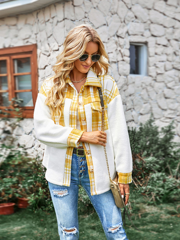 Women's Plaid Panel Fleece Long Sleeve Jacket - THE QUEEN RUNWAY