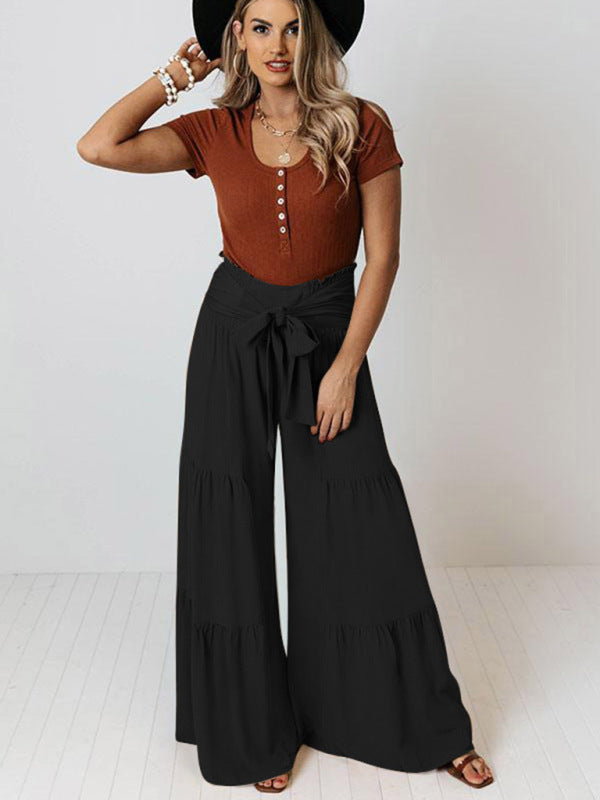Lace Up Elastic Waist Pleated Wide Leg PantsTHE QUEEN RUNWAY