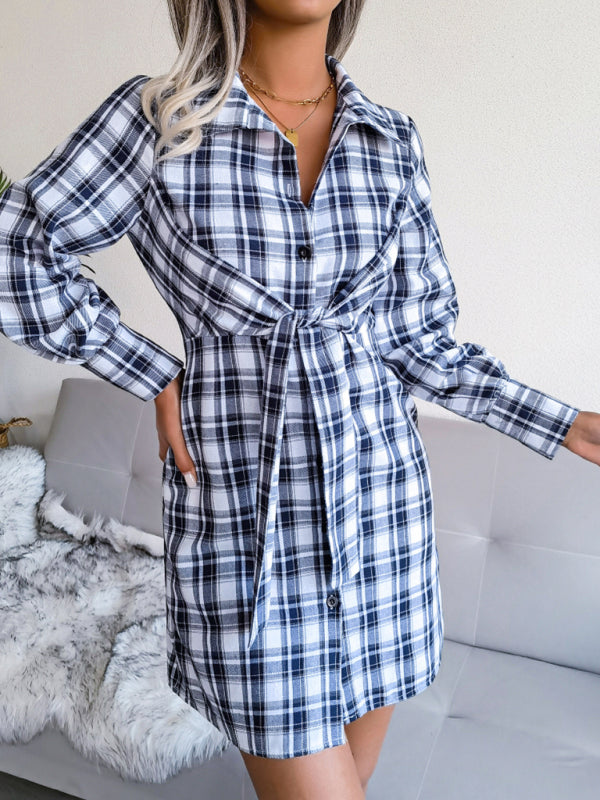 Women's long sleeve casual Plaid tie cotton linen shirt skirt - THE QUEEN RUNWAY