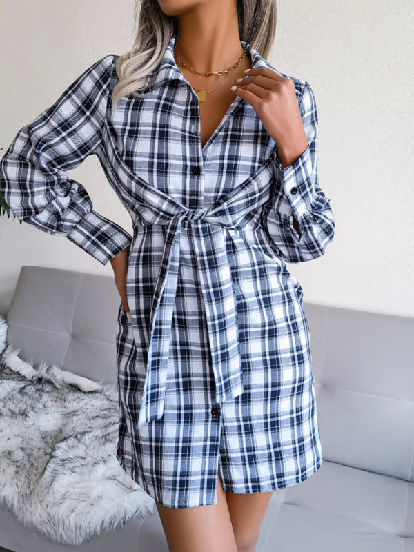 Women's long sleeve casual Plaid tie cotton linen shirt skirt - THE QUEEN RUNWAY