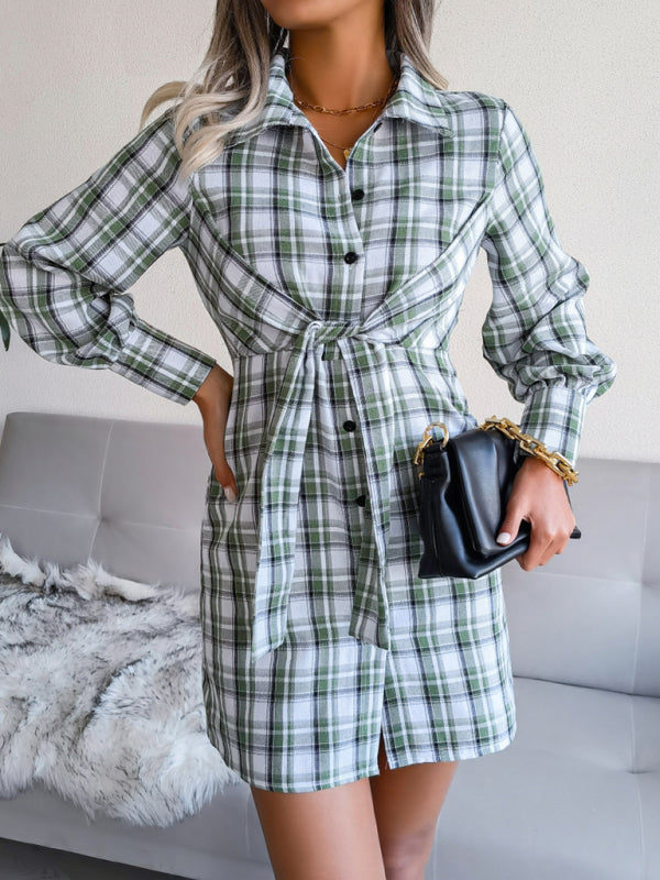 Women's long sleeve casual Plaid tie cotton linen shirt skirt - THE QUEEN RUNWAY