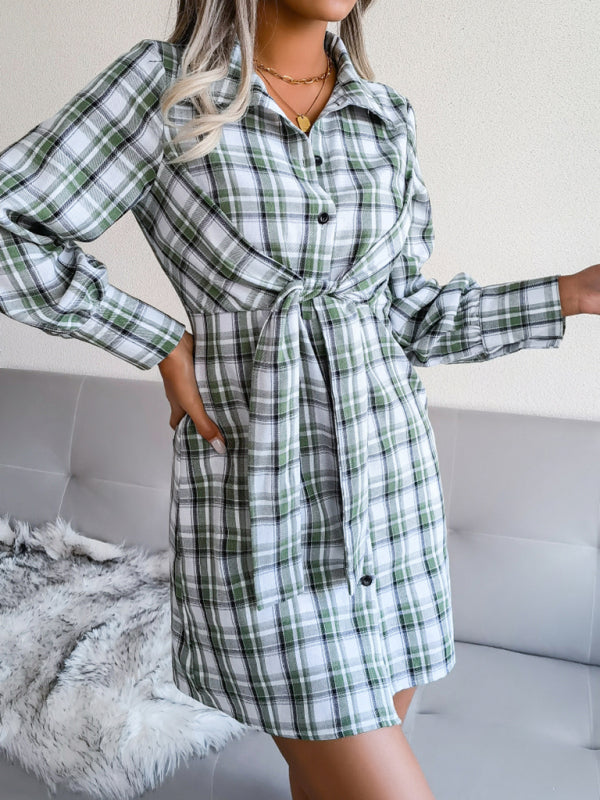 Women's long sleeve casual Plaid tie cotton linen shirt skirt - THE QUEEN RUNWAY