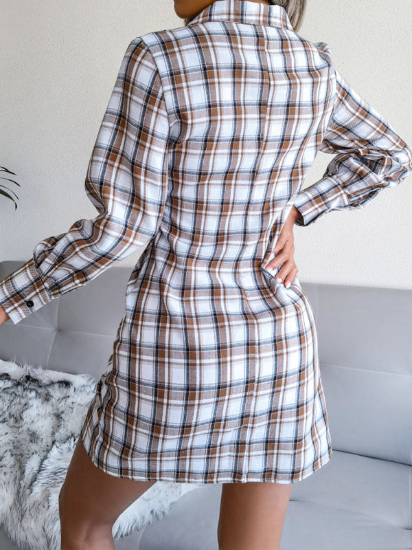 Women's long sleeve casual Plaid tie cotton linen shirt skirt - THE QUEEN RUNWAY