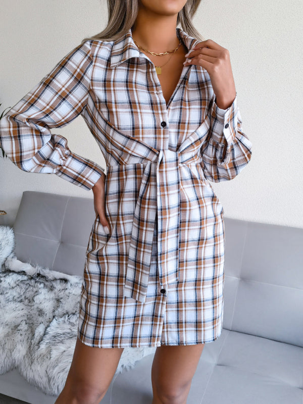 Women's long sleeve casual Plaid tie cotton linen shirt skirt - THE QUEEN RUNWAY