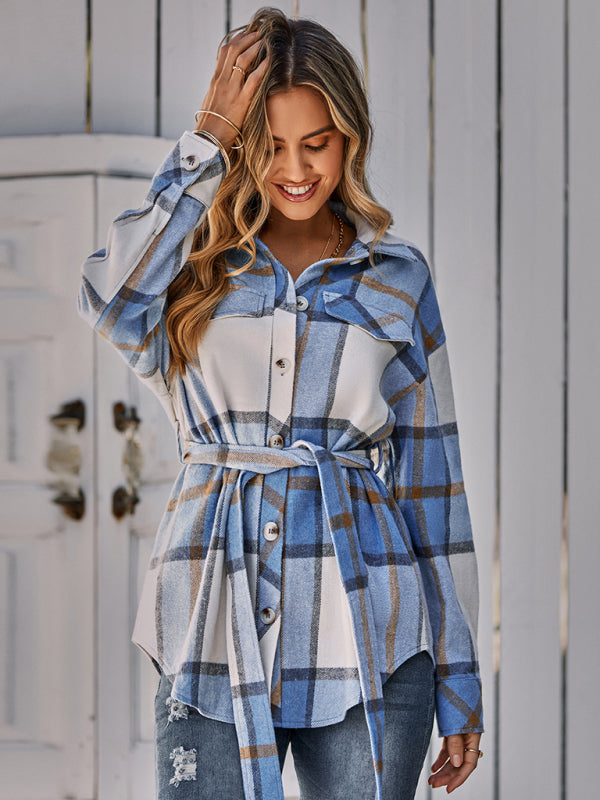 Women's single breasted casual plaid belt jacket - THE QUEEN RUNWAY