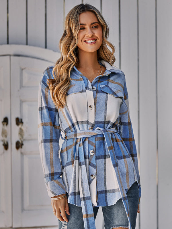 Women's single breasted casual plaid belt jacket - THE QUEEN RUNWAY