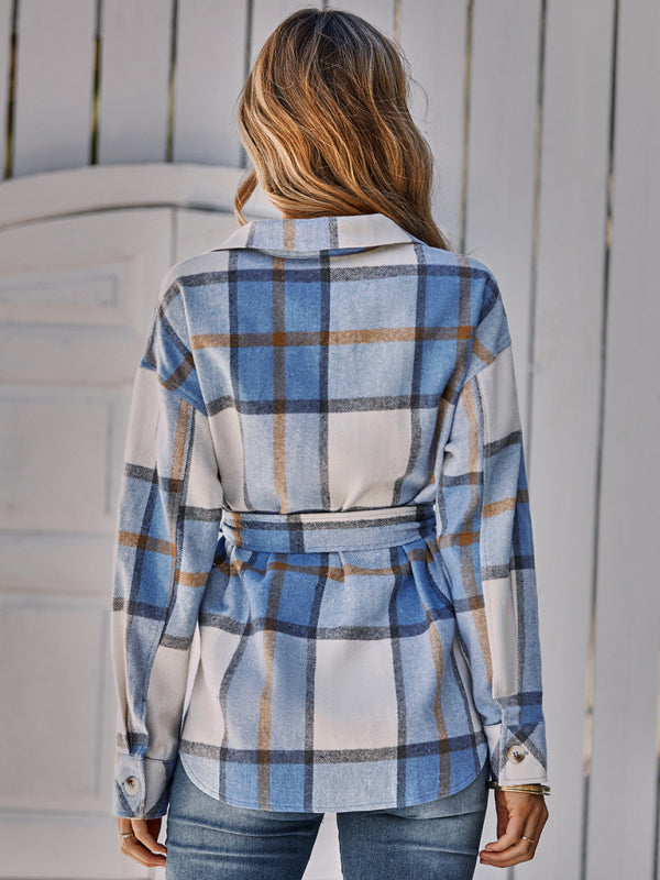 Women's single breasted casual plaid belt jacket - THE QUEEN RUNWAY
