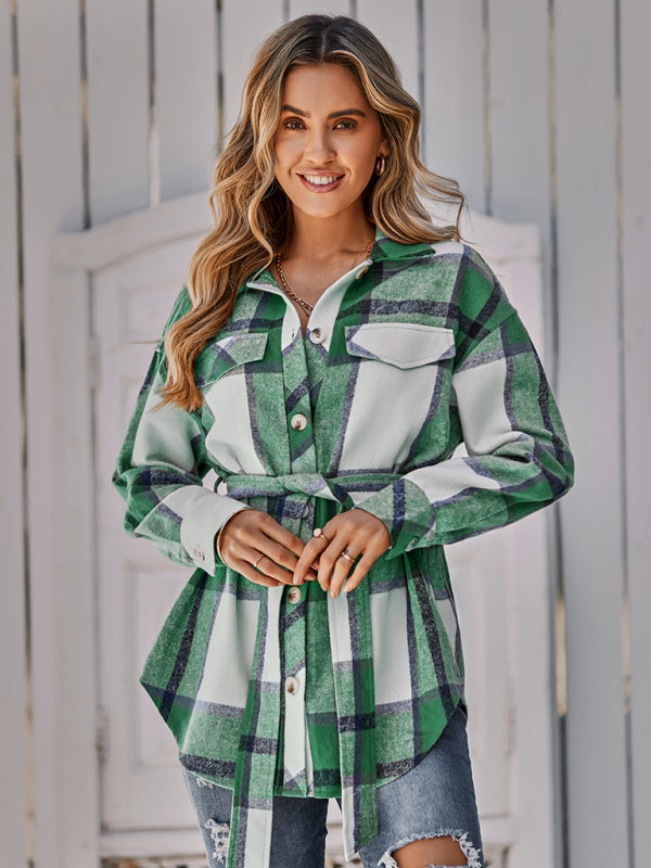 Women's single breasted casual plaid belt jacket - THE QUEEN RUNWAY