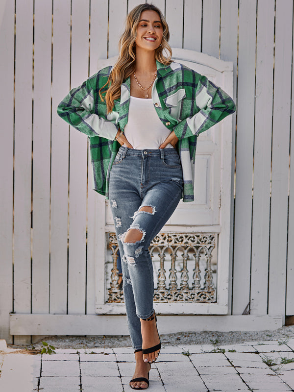Women's single breasted casual plaid belt jacket - THE QUEEN RUNWAY