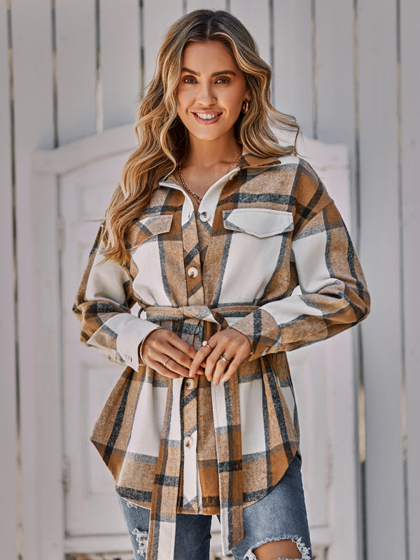 Women's single breasted casual plaid belt jacket - THE QUEEN RUNWAY
