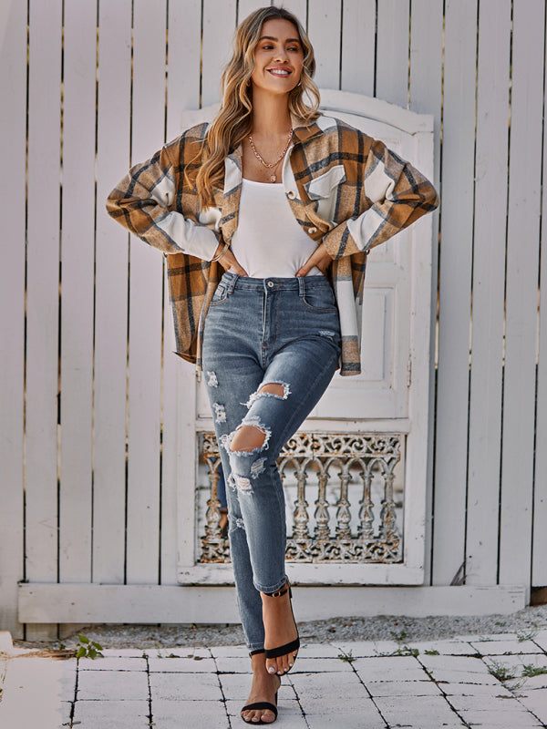 Women's single breasted casual plaid belt jacket - THE QUEEN RUNWAY