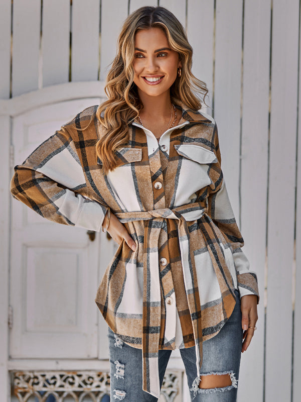 Women's single breasted casual plaid belt jacket - THE QUEEN RUNWAY