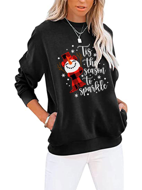 Christmas Snowman Crew Neck Pocket Bat Long Sleeve Top - THE QUEEN RUNWAY