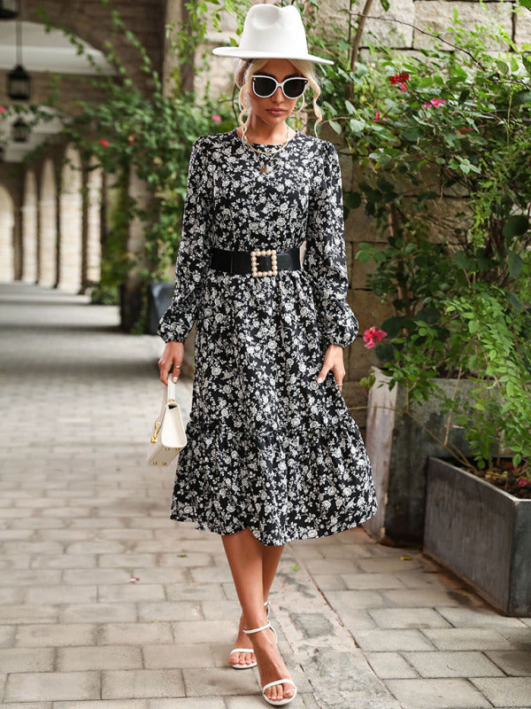 Women's temperament long-sleeved black floral dressesTHE QUEEN RUNWAY