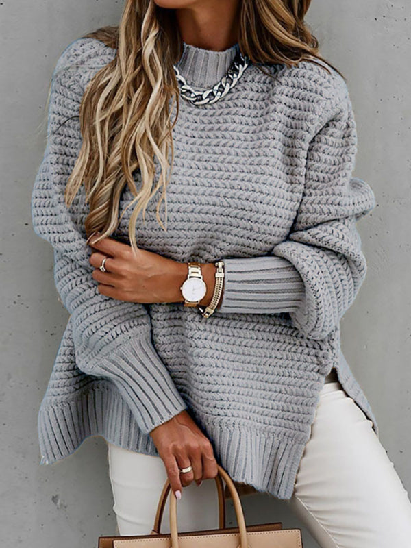 Casual Half Turtleneck Dropped Sleeve Side Slit Sweater - THE QUEEN RUNWAY
